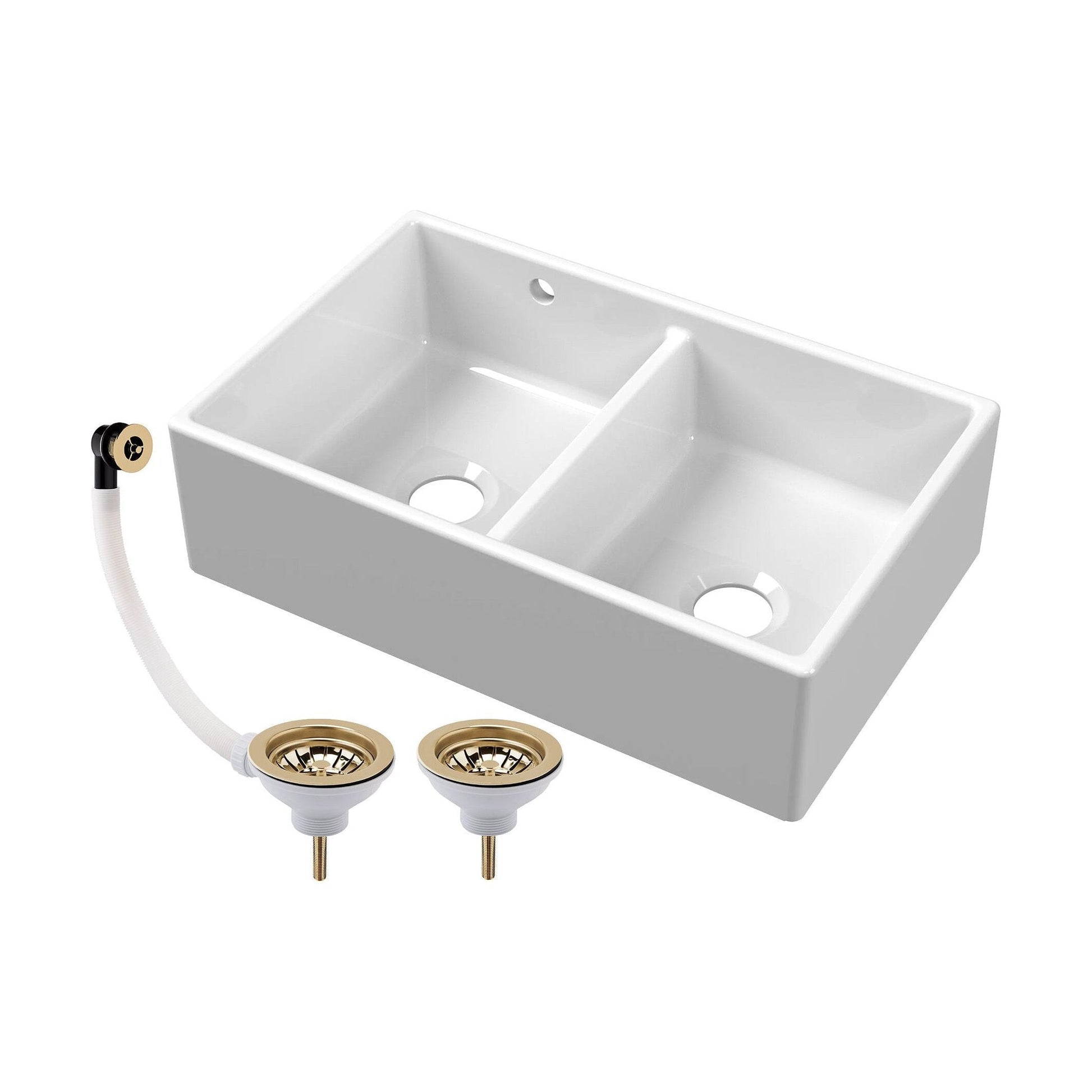 [BKS240W1] Double Bowl Fireclay Butler Kitchen Sink with Stepped Weir and Overflow - 795mm - Choice of Wastes - Cutout