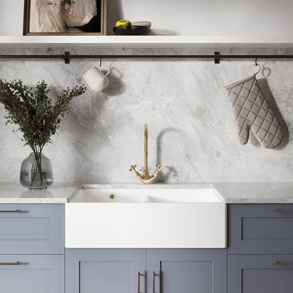 [BKS240W1] Double Bowl Fireclay Butler Kitchen Sink with Stepped Weir and Overflow - 795mm - Choice of Wastes - Lifestyle 1