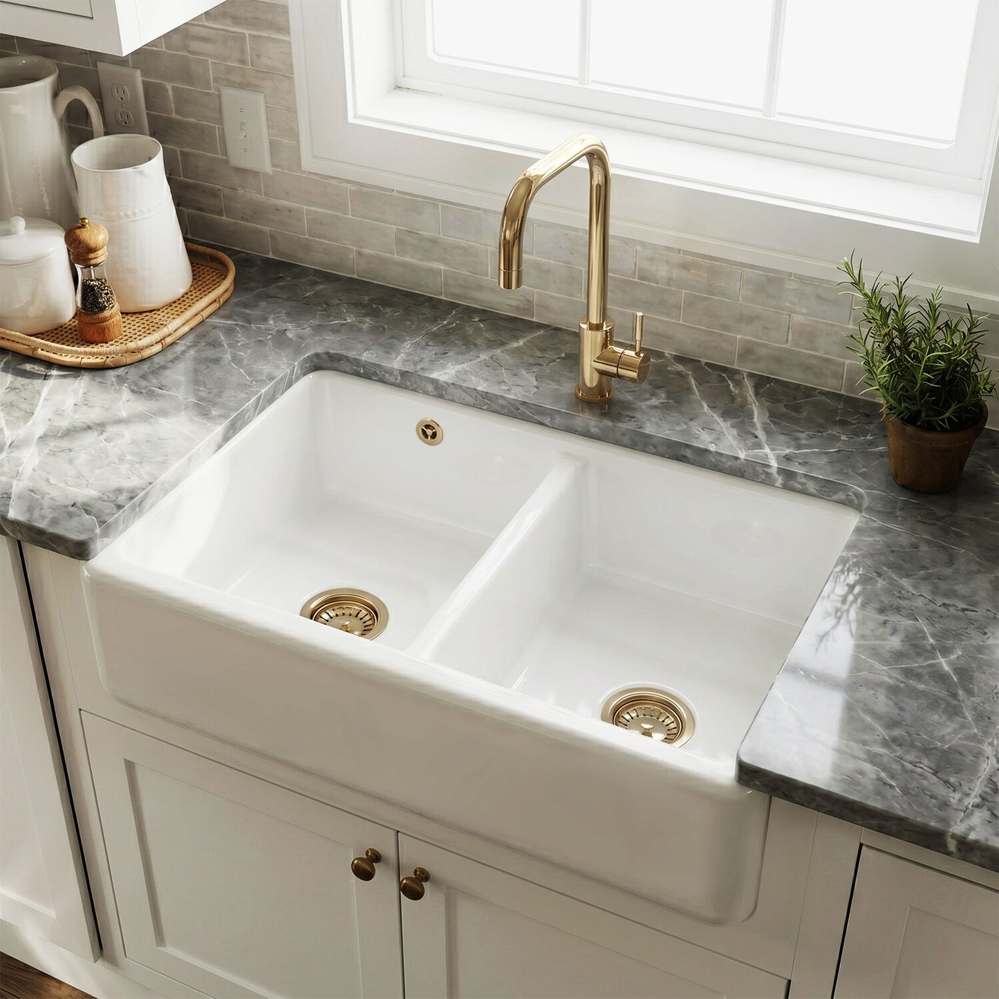 [BKS240W1] Fireclay Ceramic Double Bowl Butler Kitchen Sink with Overflow and Stepped Weir, 795mm, Choice of Wastes - Silo