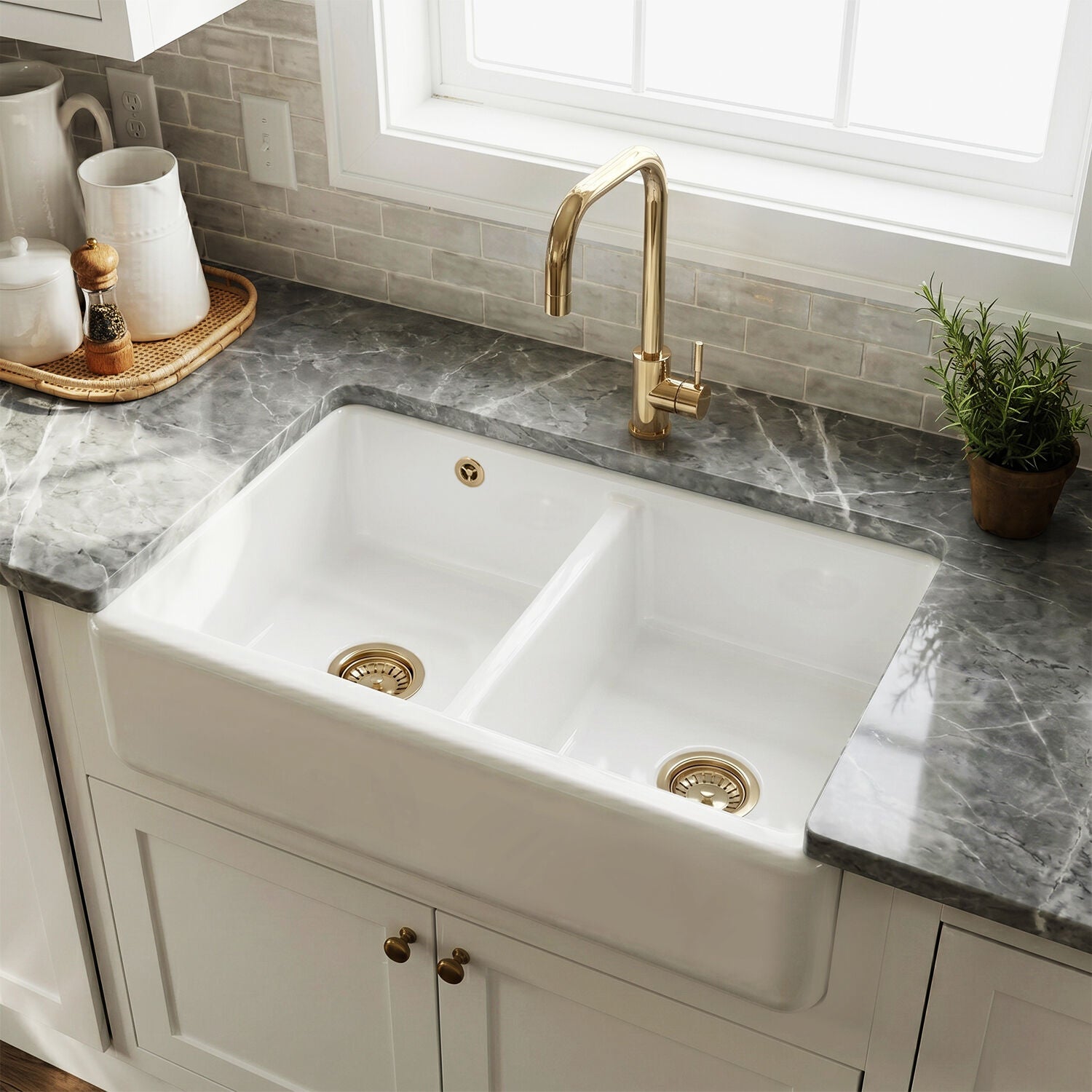 [BKS240W1] Fireclay Ceramic Double Bowl Butler Kitchen Sink with Overflow and Stepped Weir, 795mm, Choice of Wastes - Silo