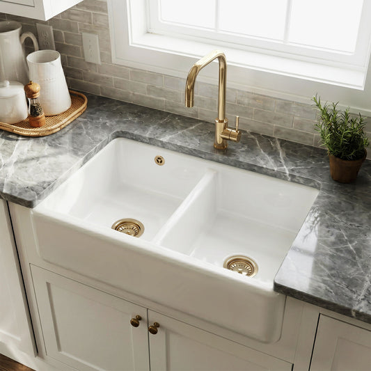 [BKS240W1] Fireclay Ceramic Double Bowl Butler Kitchen Sink with Overflow and Stepped Weir, 795mm, Choice of Wastes - Silo