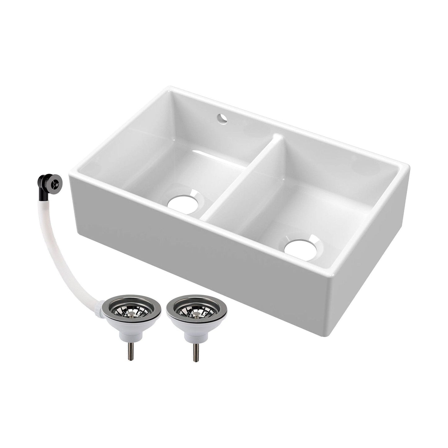 [BKS240W2] Double Bowl Fireclay Butler Kitchen Sink with Stepped Weir and Overflow - 795mm - Choice of Wastes - Cutout
