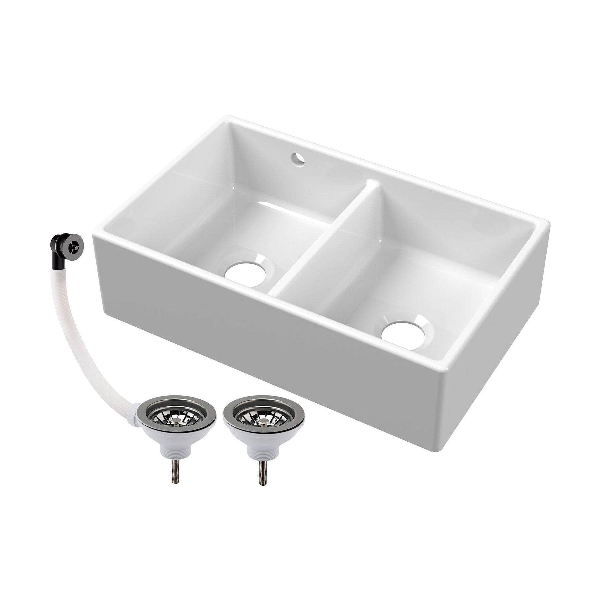 [BKS240W2] Double Bowl Fireclay Butler Kitchen Sink with Stepped Weir and Overflow - 795mm - Choice of Wastes - Cutout