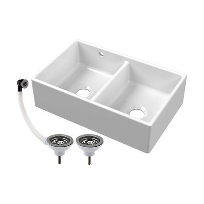 [BKS240W2] Double Bowl Fireclay Butler Kitchen Sink with Stepped Weir and Overflow - 795mm - Choice of Wastes - Cutout