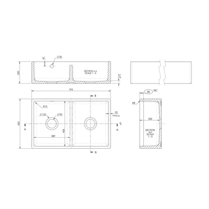 [BKS240W2] Double Bowl Fireclay Butler Kitchen Sink with Stepped Weir and Overflow - 795mm - Choice of Wastes - Technical Drawing