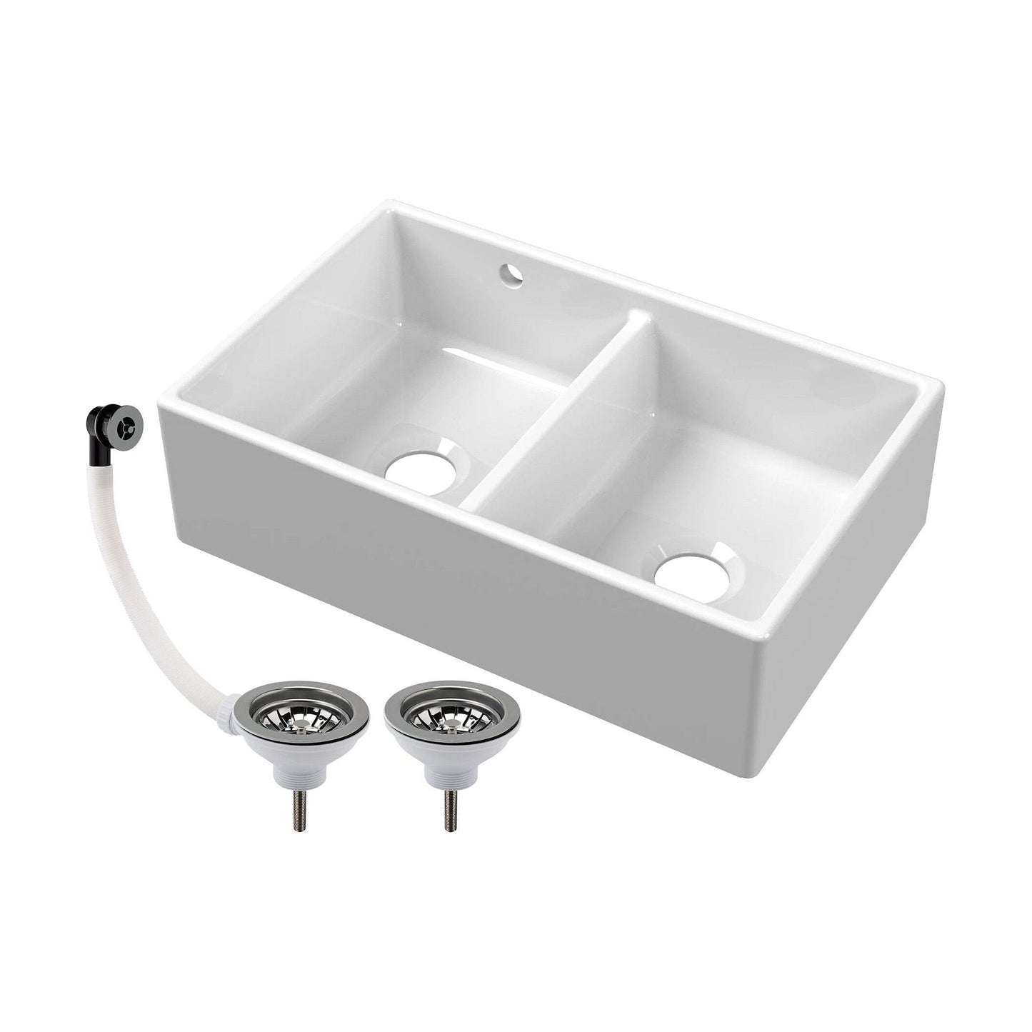 [BKS240W3] Double Bowl Fireclay Butler Kitchen Sink with Stepped Weir and Overflow - 795mm - Choice of Wastes - Cutout