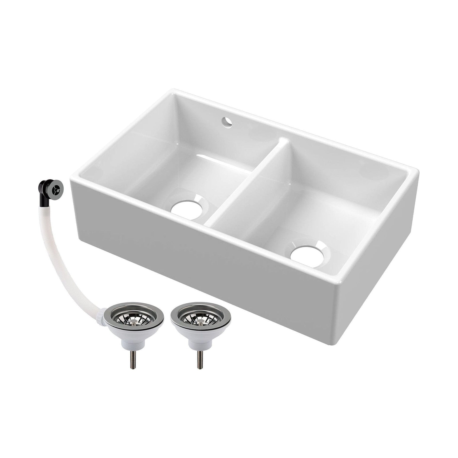 [BKS240W3] Double Bowl Fireclay Butler Kitchen Sink with Stepped Weir and Overflow - 795mm - Choice of Wastes - Cutout