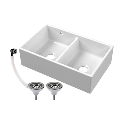 [BKS240W3] Double Bowl Fireclay Butler Kitchen Sink with Stepped Weir and Overflow - 795mm - Choice of Wastes - Cutout