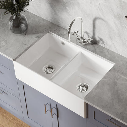 [BKS240W3] Double Bowl Fireclay Butler Kitchen Sink with Stepped Weir and Overflow - 795mm - Choice of Wastes - Lifestyle 2