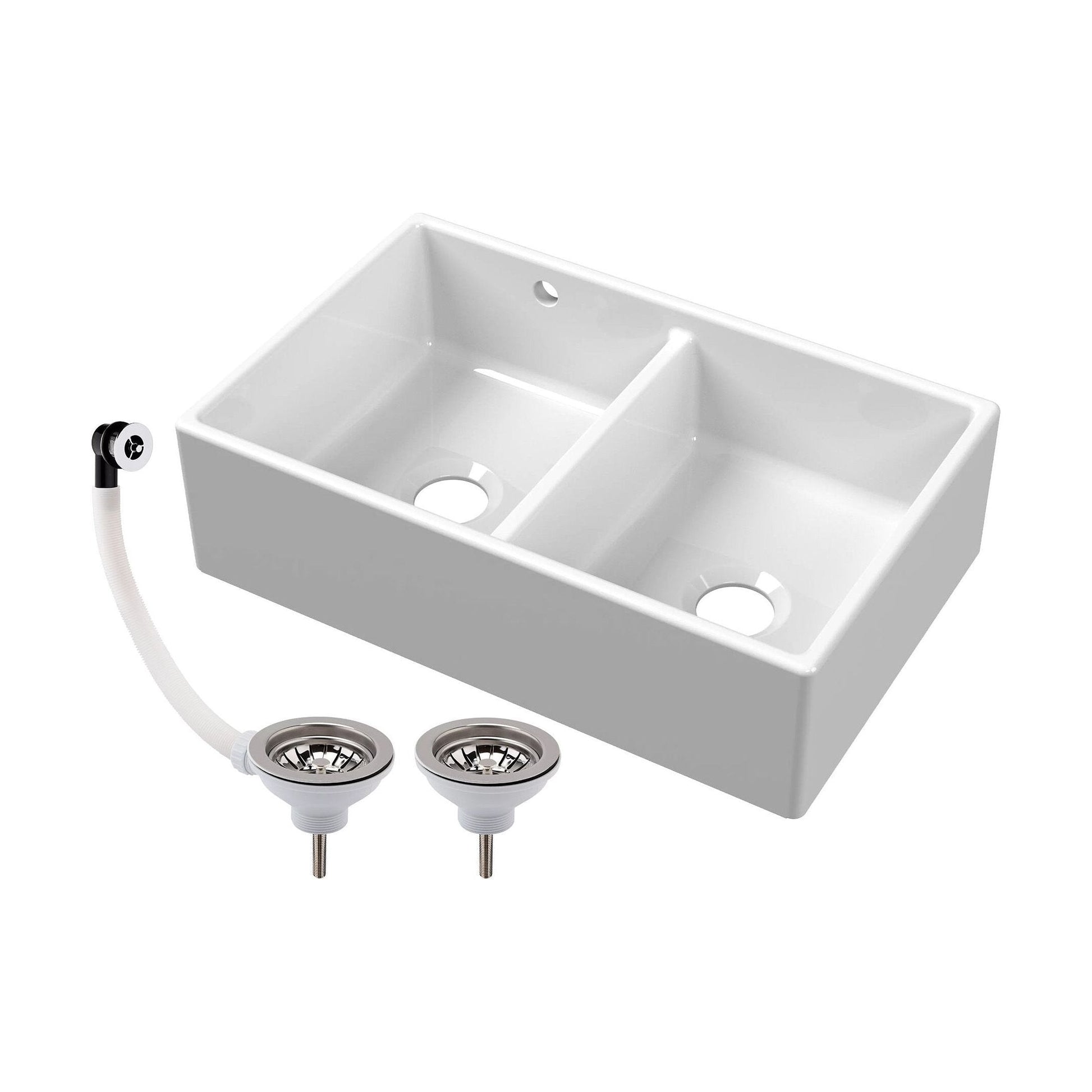 [BKS240W] Double Bowl Fireclay Butler Kitchen Sink with Stepped Weir and Overflow - 795mm - Choice of Wastes - Cutout