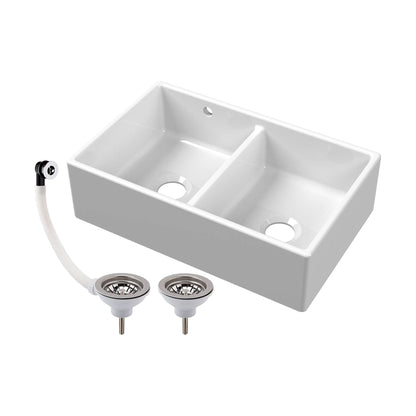 [BKS240W] Double Bowl Fireclay Butler Kitchen Sink with Stepped Weir and Overflow - 795mm - Choice of Wastes - Cutout