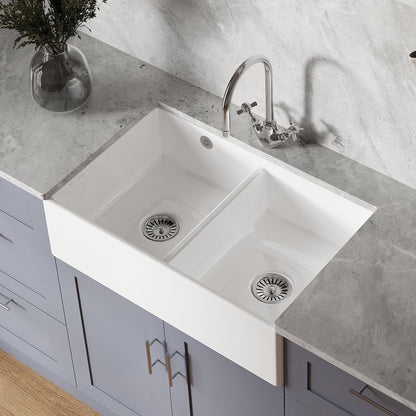 [BKS240W] Double Bowl Fireclay Butler Kitchen Sink with Stepped Weir and Overflow - 795mm - Choice of Wastes - Lifestyle 2