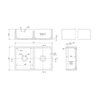 [BKS240] Double Bowl Fireclay Butler Kitchen Sink with Stepped Weir and Overflow - 795mm - Technical Drawing