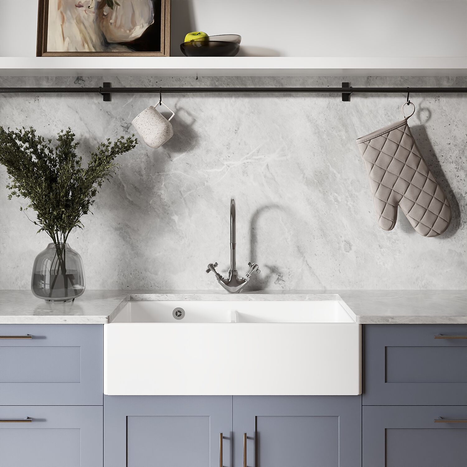 [BKS240] Double Bowl Fireclay Butler Kitchen Sink with Stepped Weir and Overflow - 795mm - Lifestyle 1