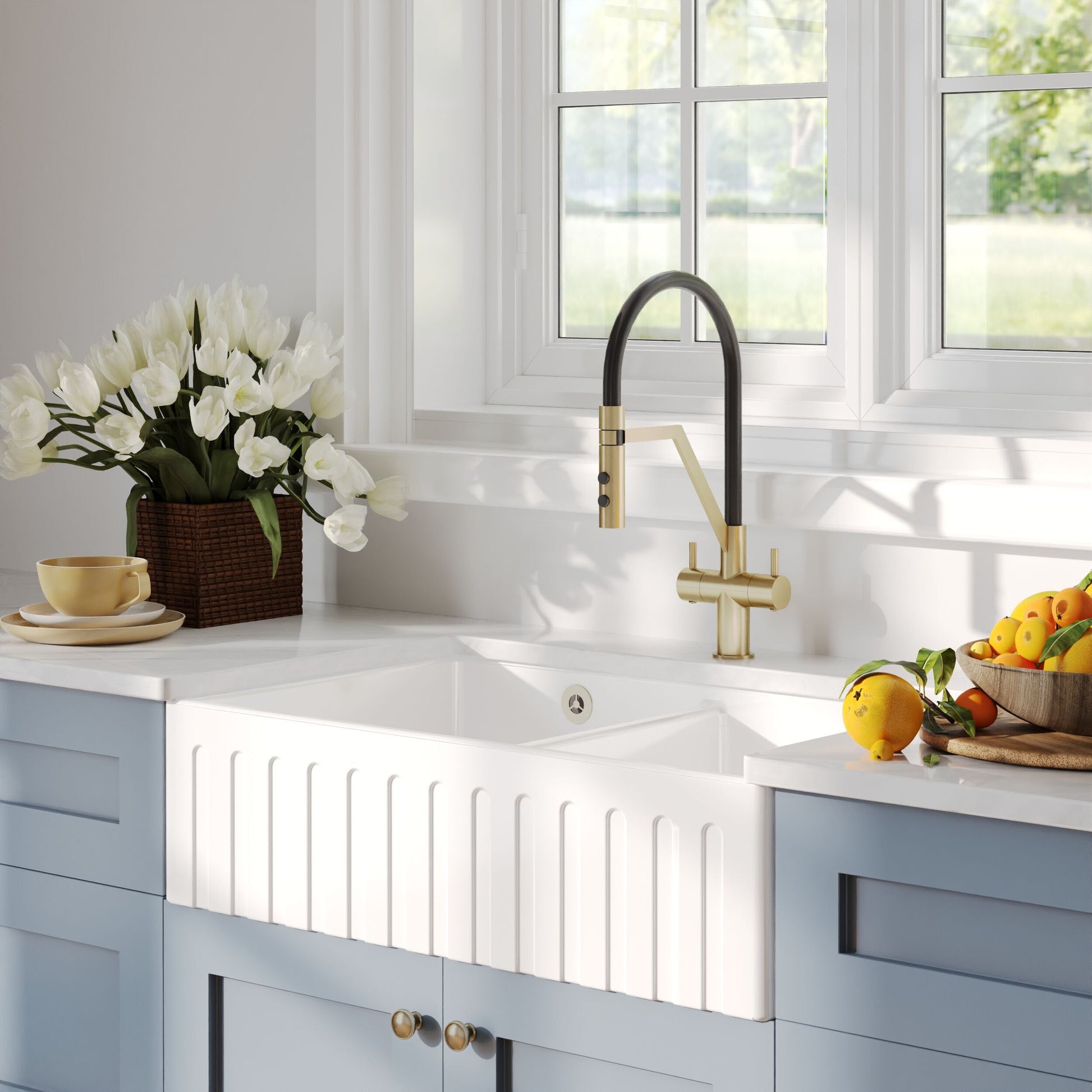 [BKS241W1] Fireclay Ceramic Double Bowl Fluted Butler Kitchen Sink with Overflow and Stepped Weir, Strainer Wastes, 795mm - Chrome - Lifestyle 3