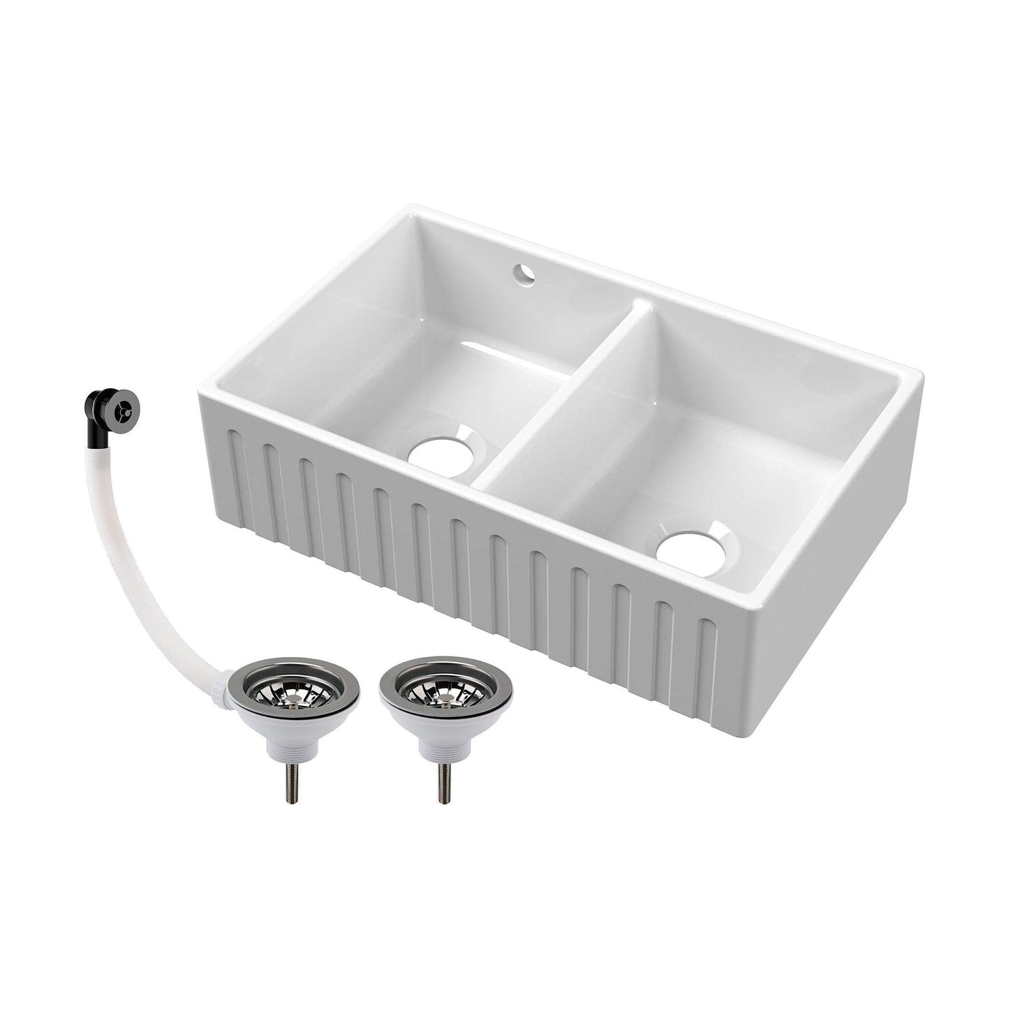 [BKS241W2] Fireclay Ceramic Double Bowl Fluted Butler Kitchen Sink with Overflow and Stepped Weir, Strainer Wastes, 795mm - Chrome - Cutout