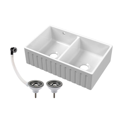 [BKS241W2] Fireclay Ceramic Double Bowl Fluted Butler Kitchen Sink with Overflow and Stepped Weir, Strainer Wastes, 795mm - Chrome - Cutout