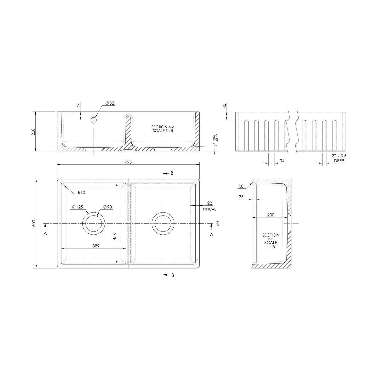 [BKS241W2] Fireclay Ceramic Double Bowl Fluted Butler Kitchen Sink with Overflow and Stepped Weir, Strainer Wastes, 795mm - Chrome - Technical Drawing