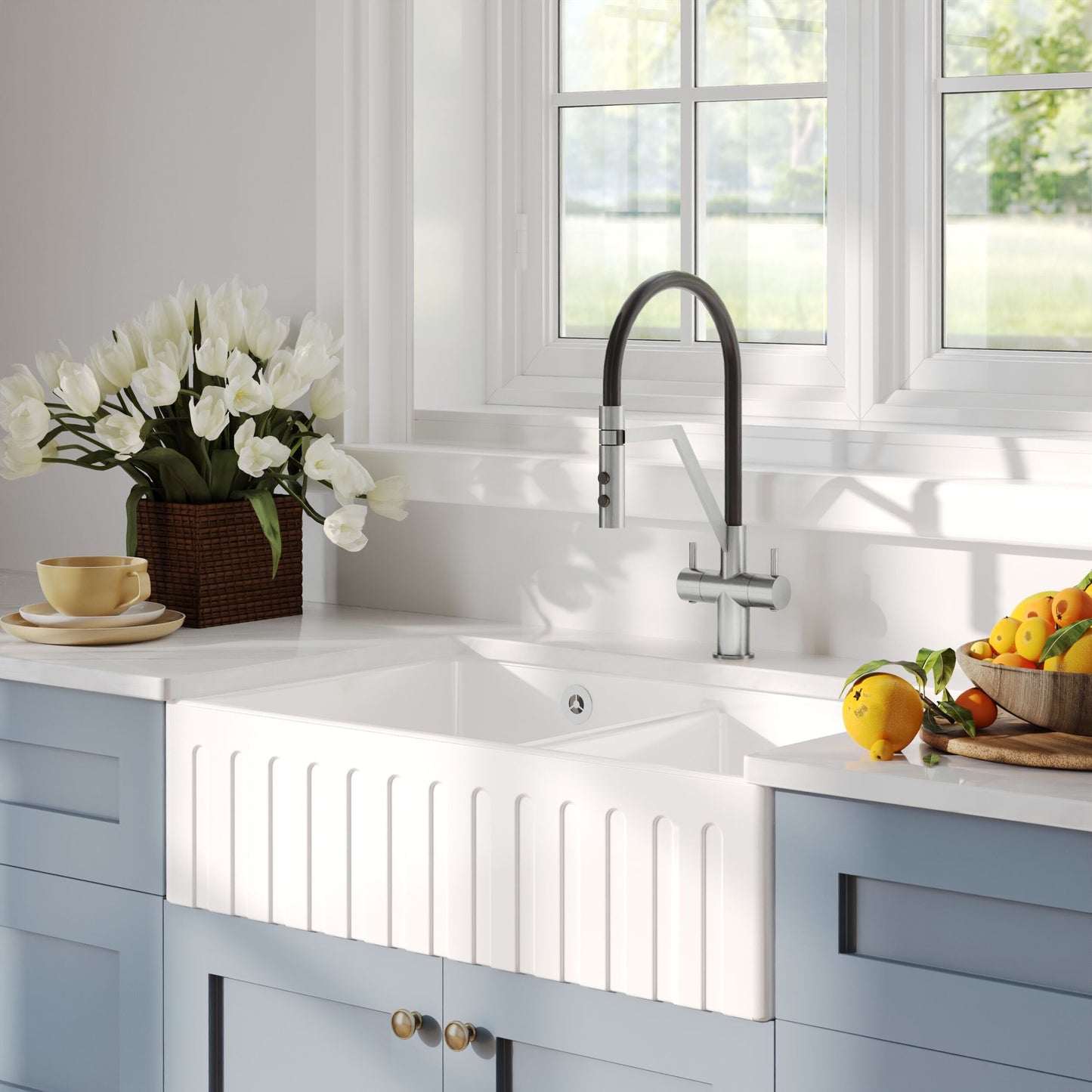 [BKS241W2] Fireclay Ceramic Double Bowl Fluted Butler Kitchen Sink with Overflow and Stepped Weir, Strainer Wastes, 795mm - Chrome - Lifestyle 3