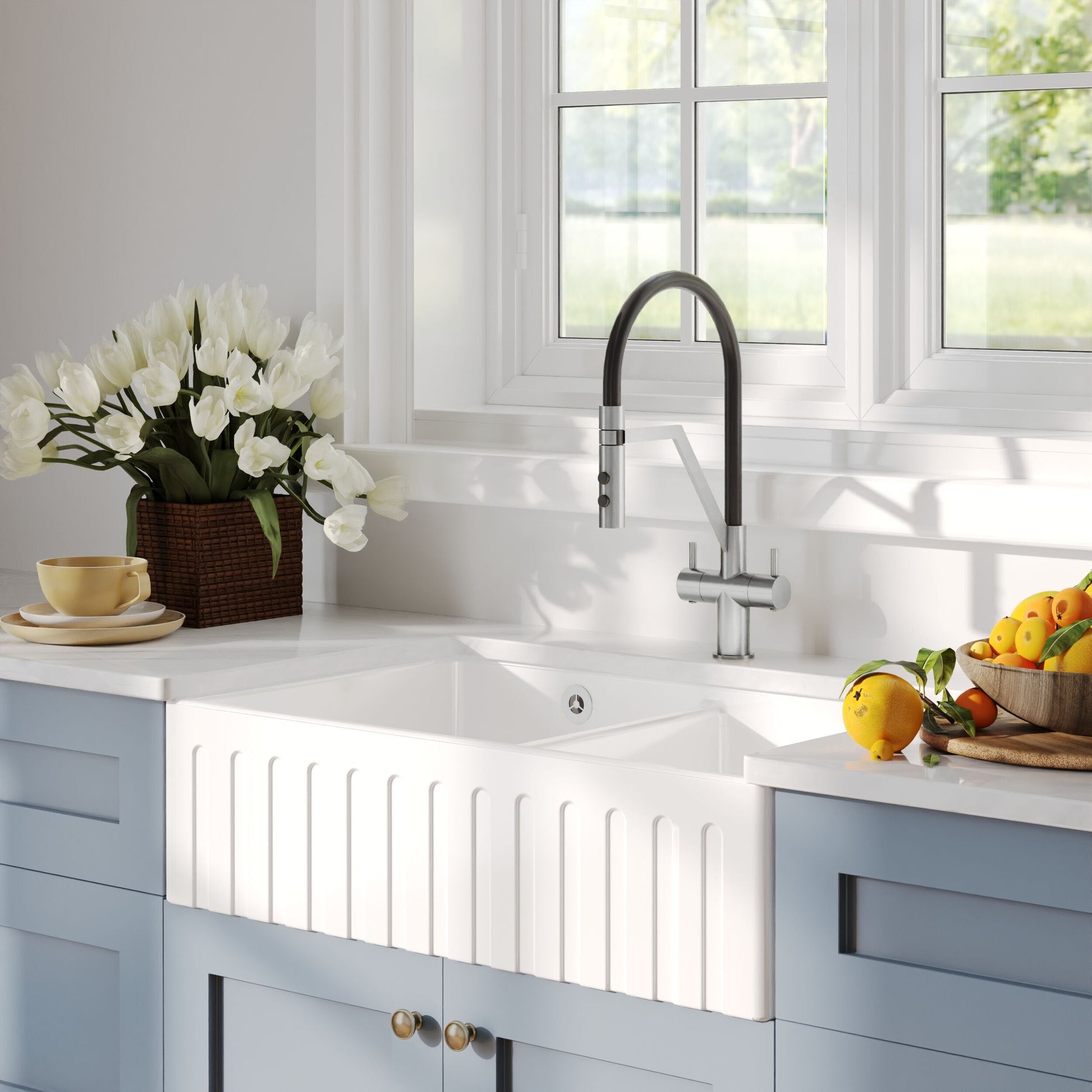 [BKS241W2] Fireclay Ceramic Double Bowl Fluted Butler Kitchen Sink with Overflow and Stepped Weir, Strainer Wastes, 795mm - Chrome - Lifestyle 3