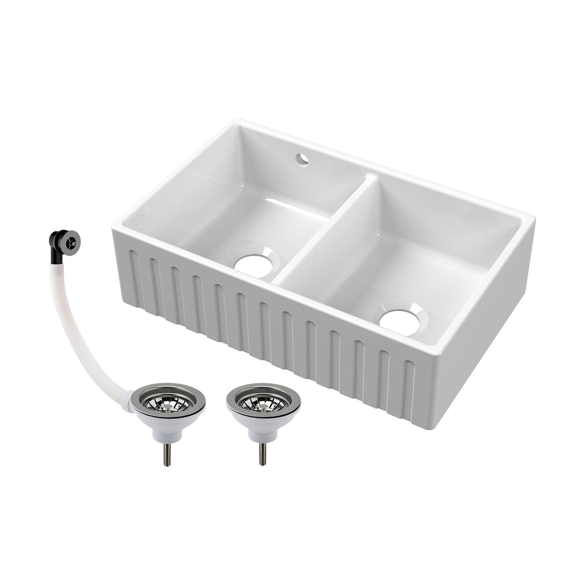 [BKS241W3] Fireclay Ceramic Double Bowl Fluted Butler Kitchen Sink with Overflow and Stepped Weir, Strainer Wastes, 795mm - Chrome - Cutout