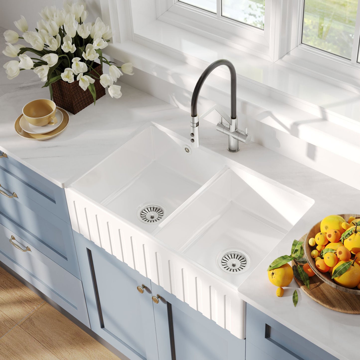 [BKS241W3] Fireclay Ceramic Double Bowl Fluted Butler Kitchen Sink with Overflow and Stepped Weir, Strainer Wastes, 795mm - Chrome - Lifestyle 2