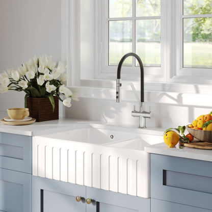 [BKS241W3] Fireclay Ceramic Double Bowl Fluted Butler Kitchen Sink with Overflow and Stepped Weir, Strainer Wastes, 795mm - Chrome - Lifestyle 3