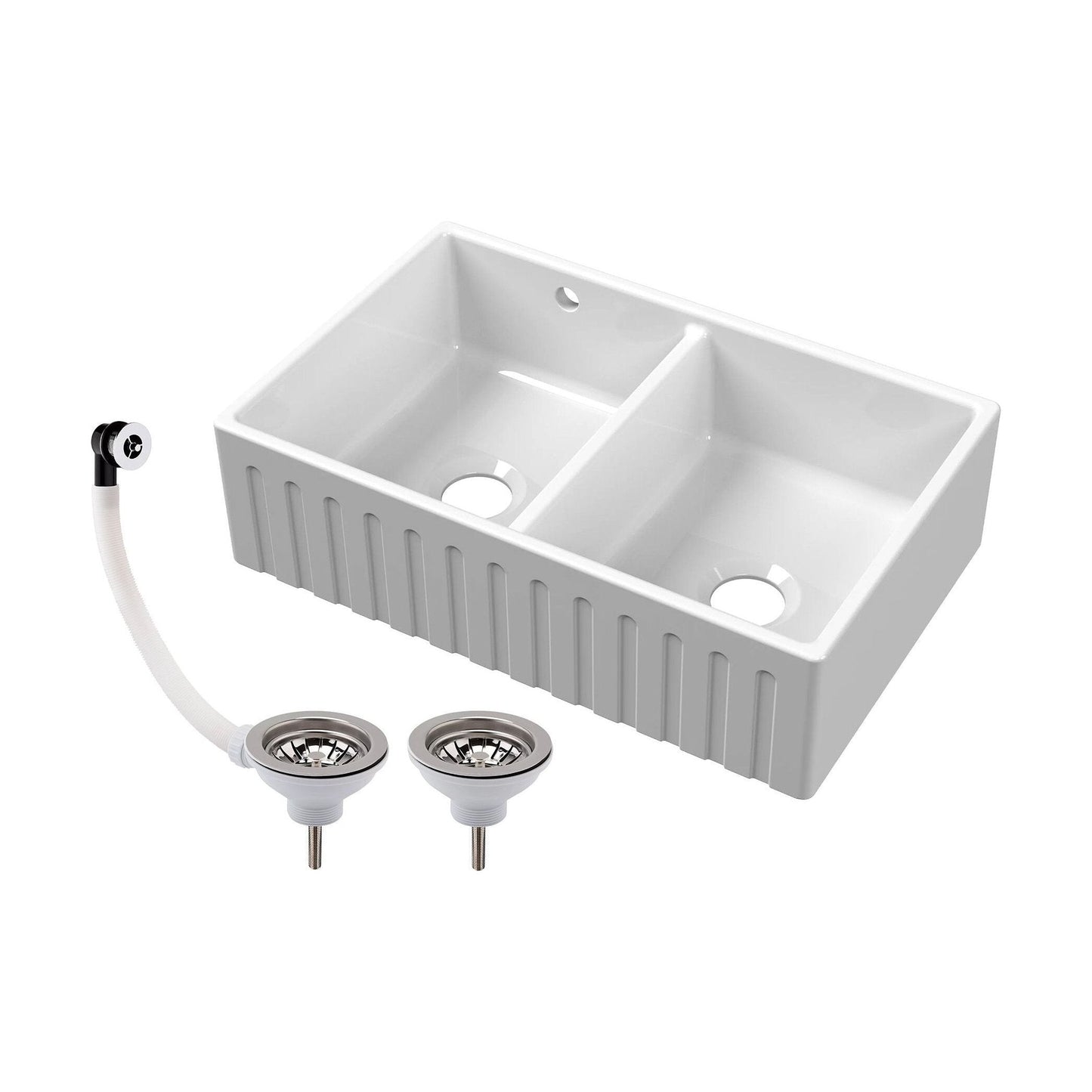 [BKS241W] Fireclay Ceramic Double Bowl Fluted Butler Kitchen Sink with Overflow and Stepped Weir, Strainer Wastes, 795mm - Chrome - Cutout