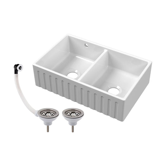 [BKS241W] Fireclay Ceramic Double Bowl Fluted Butler Kitchen Sink with Overflow and Stepped Weir, Strainer Wastes, 795mm - Chrome - Cutout
