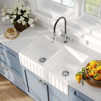 [BKS241W] Fireclay Ceramic Double Bowl Fluted Butler Kitchen Sink with Overflow and Stepped Weir, Strainer Wastes, 795mm - Chrome - Lifestyle 2