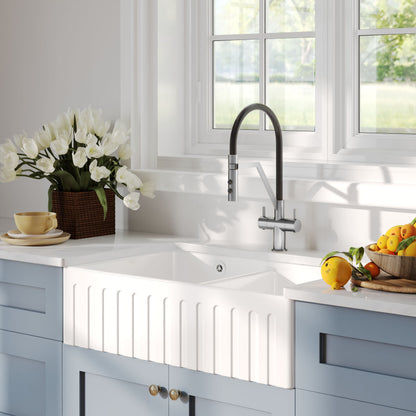 [BKS241W] Fireclay Ceramic Double Bowl Fluted Butler Kitchen Sink with Overflow and Stepped Weir, Strainer Wastes, 795mm - Chrome - Lifestyle 3