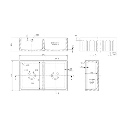 [BKS241] Double Bowl Fireclay Ceramic Fluted Front Butler Kitchen Sink with Stepped Weir - 795mm - Technical Drawing