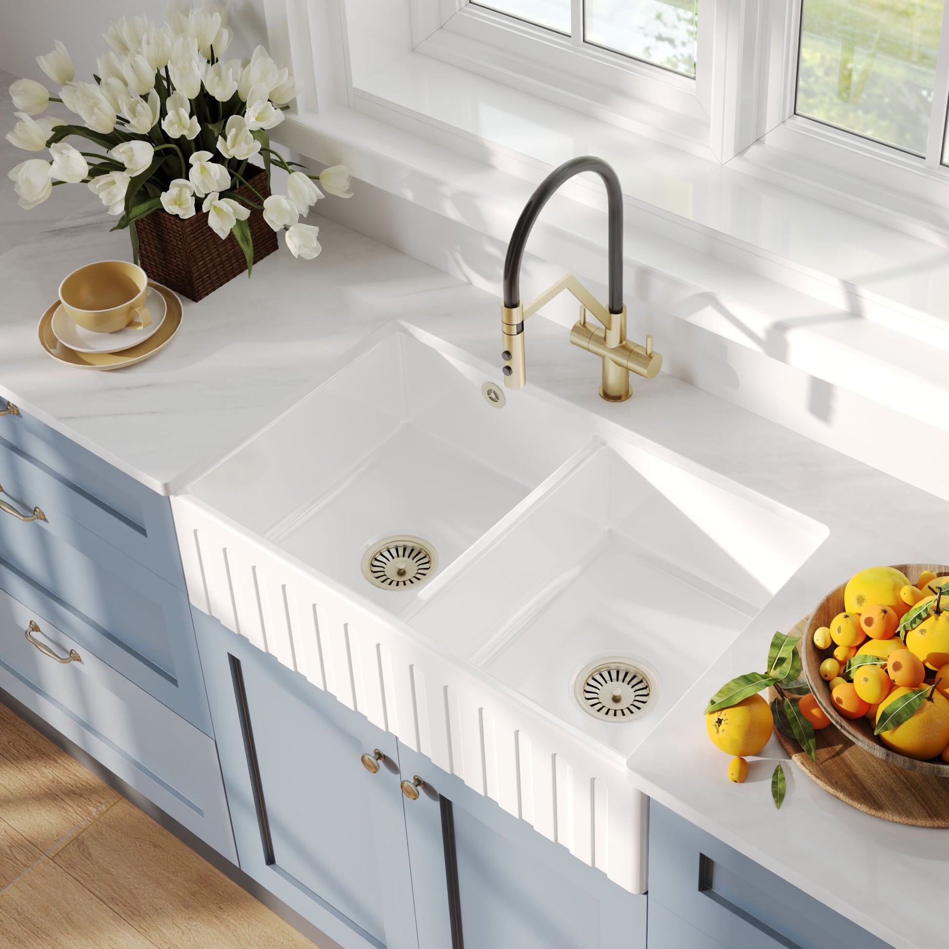 [BKS241] Double Bowl Fireclay Ceramic Fluted Front Butler Kitchen Sink with Stepped Weir - 795mm - Lifestyle 2
