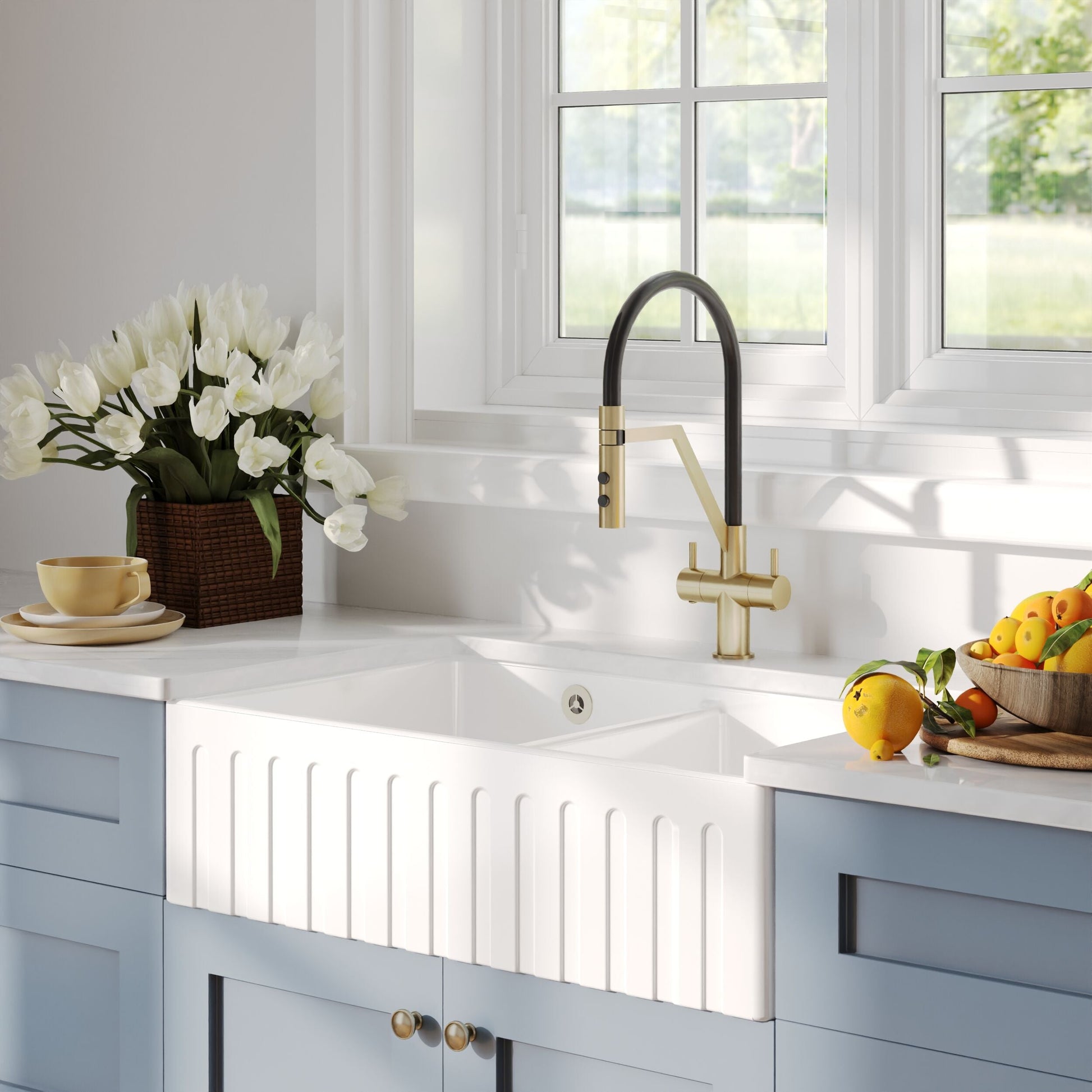 [BKS241] Double Bowl Fireclay Ceramic Fluted Front Butler Kitchen Sink with Stepped Weir - 795mm - Lifestyle 3