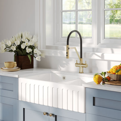 [BKS241] Double Bowl Fireclay Ceramic Fluted Front Butler Kitchen Sink with Stepped Weir - 795mm - Lifestyle 3