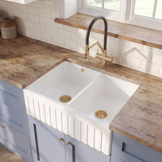 [BKS241] Double Bowl Fireclay Ceramic Fluted Front Butler Kitchen Sink with Stepped Weir - 795mm - Silo