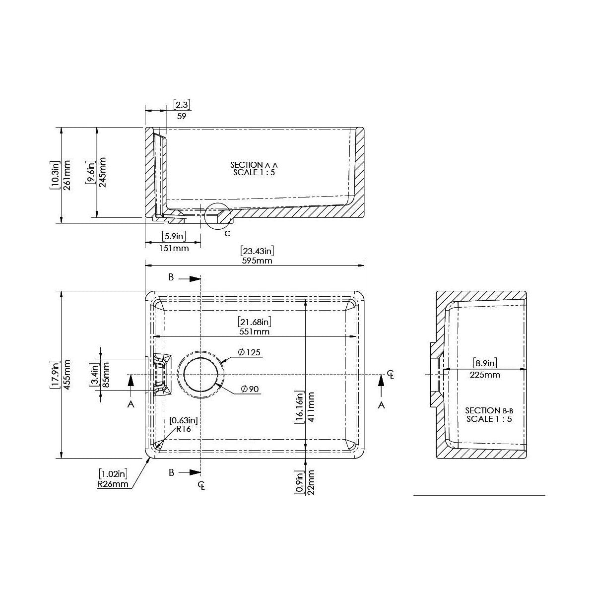 [BKS242] Single Bowl Fireclay Ceramic Belfast Kitchen Sink with Built In Overflow - 595mm - Multiple Colours - Technical Drawing