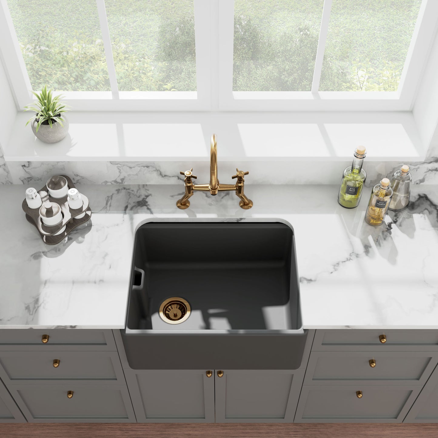 [BKS242] Single Bowl Fireclay Ceramic Belfast Kitchen Sink with Built In Overflow - 595mm - Multiple Colours - Lifestyle 2