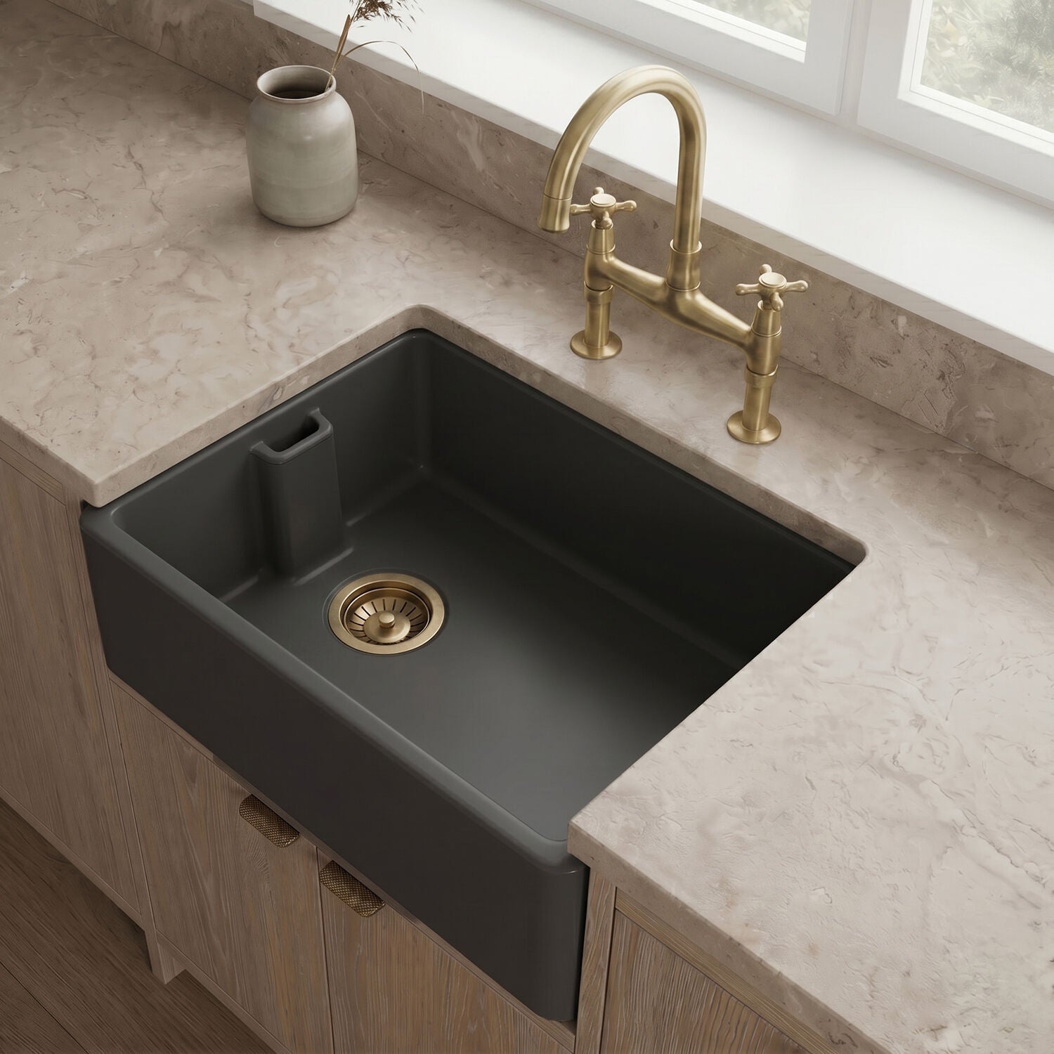 [BKS242] Single Bowl Fireclay Ceramic Belfast Kitchen Sink with Built In Overflow - 595mm - Multiple Colours - Silo