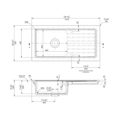 [BKS243] 101cm Inset Counter Top Fireclay Ceramic Kitchen Sink - Multiple Options Available - Technical Drawing