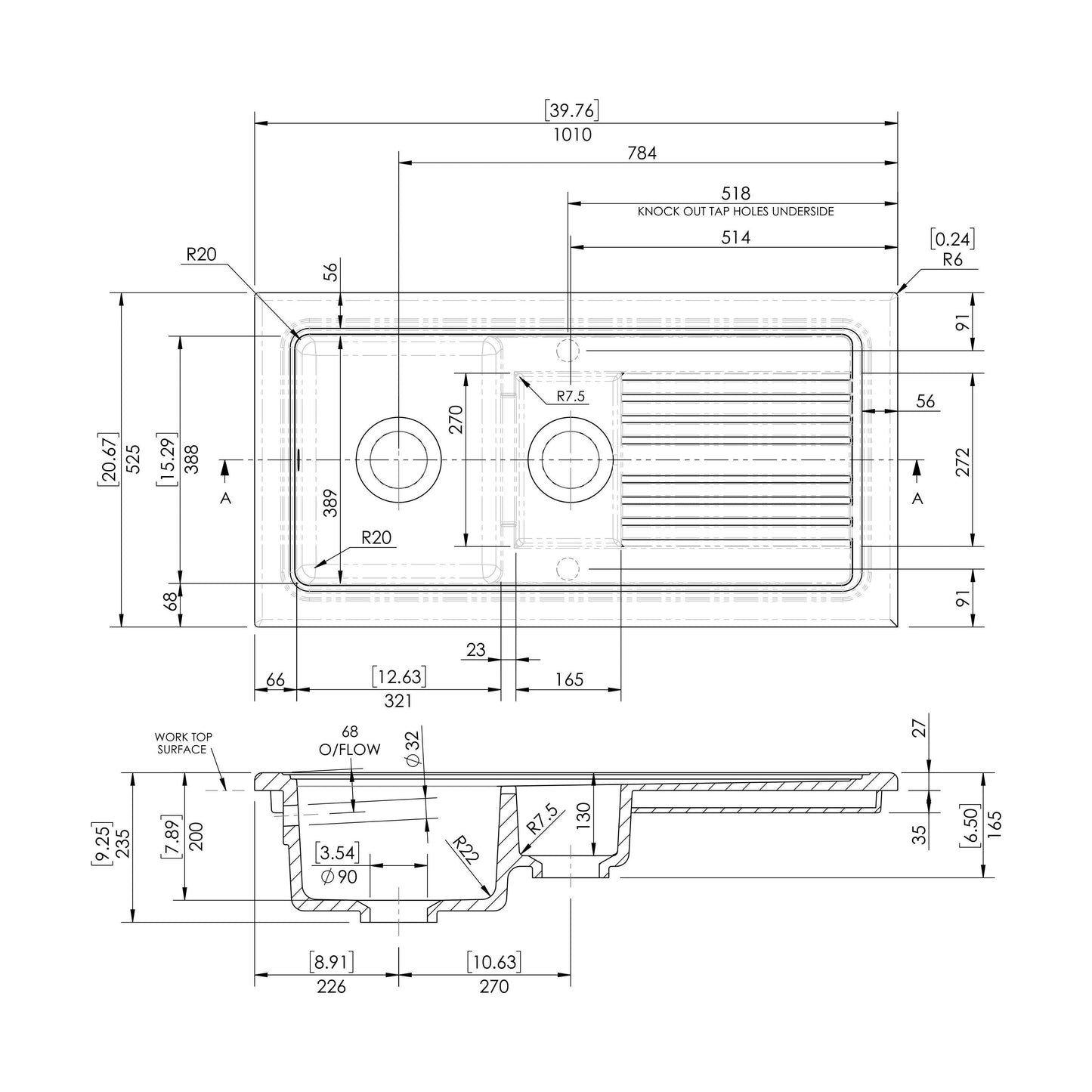 [BKS244] 101cm Inset Counter Top Fireclay Ceramic Kitchen Sink - Multiple Options Available - Technical Drawing