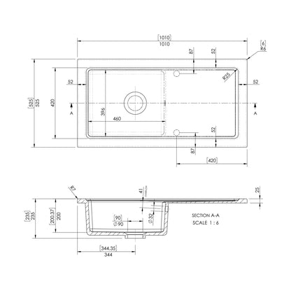 [BKS245] 101cm Inset Counter Top Fireclay Ceramic Kitchen Sink - Multiple Options Available - Technical Drawing