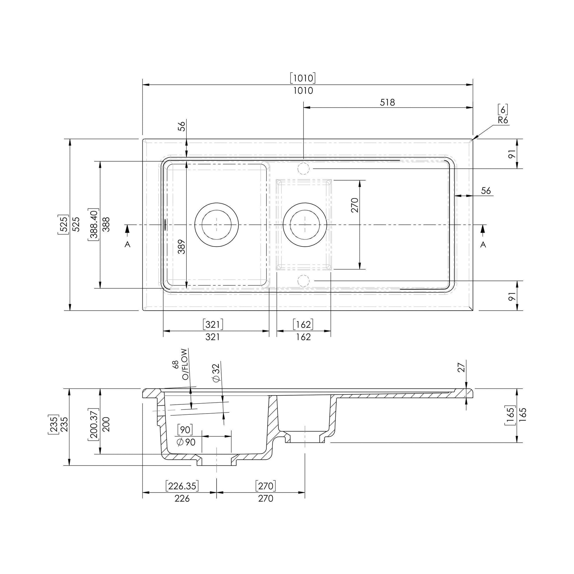 [BKS246] 101cm Inset Counter Top Fireclay Ceramic Kitchen Sink - Multiple Options Available - Technical Drawing
