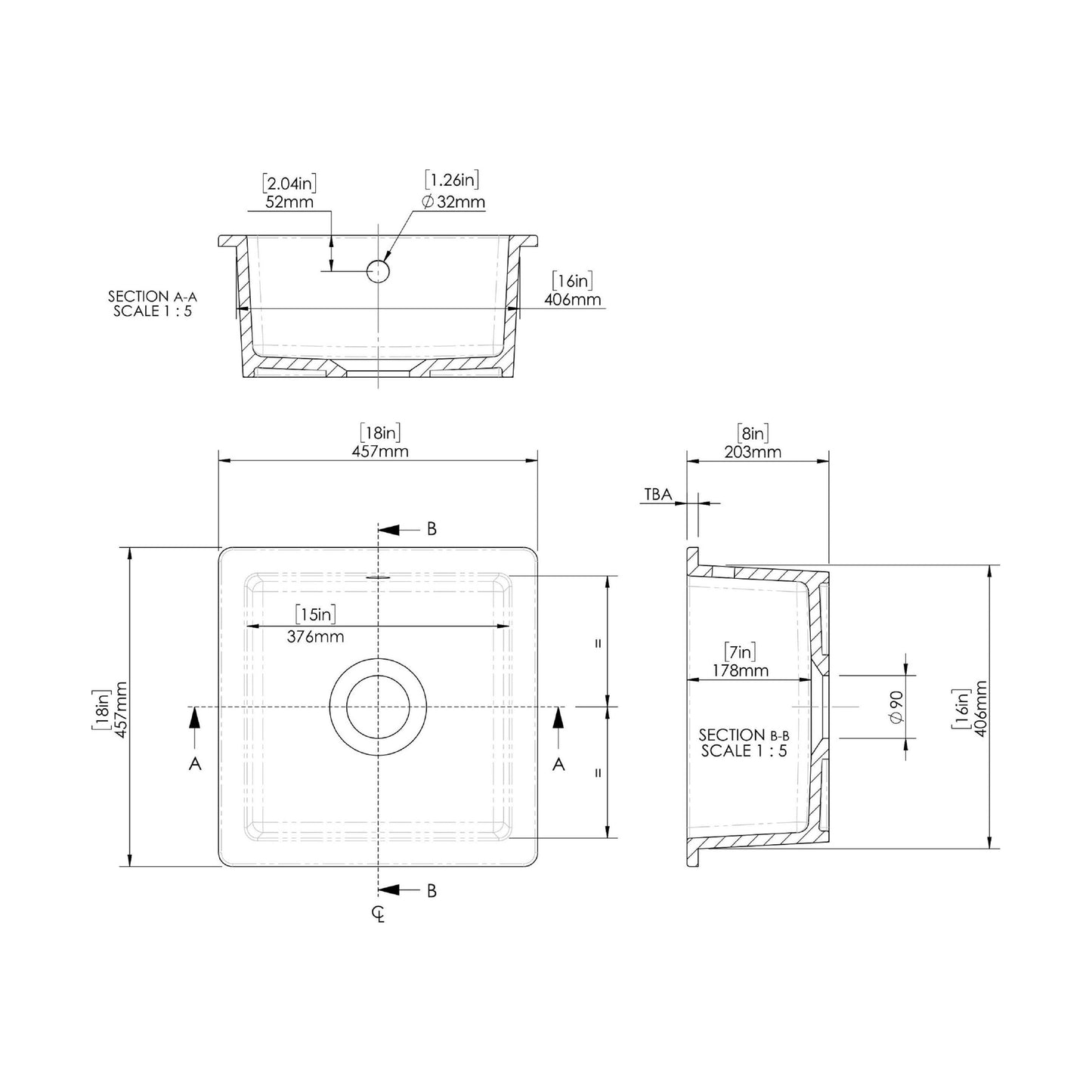 [BKS251] Fireclay Single Bowl Square Undermount Kitchen Sink with Overflow - 457mm - Multiple Colours - Technical Drawing