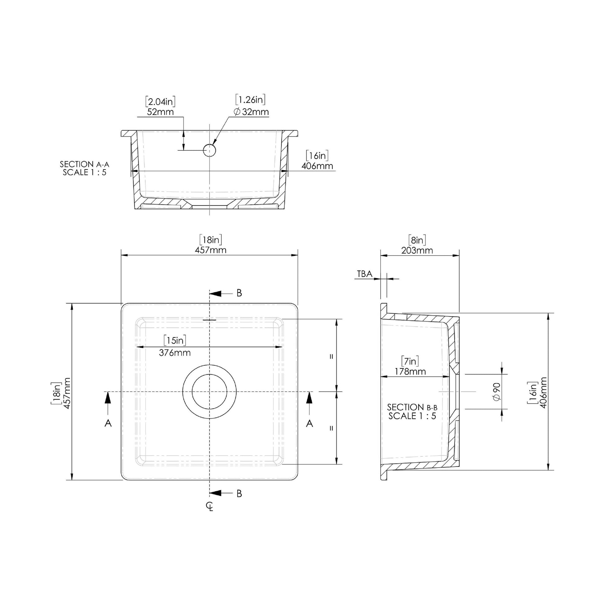 [BKS251] Fireclay Single Bowl Square Undermount Kitchen Sink with Overflow - 457mm - Multiple Colours - Technical Drawing