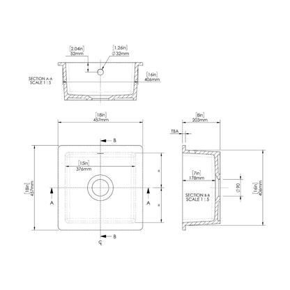 [BKS251] Fireclay Single Bowl Square Undermount Kitchen Sink with Overflow - 457mm - Multiple Colours - Technical Drawing