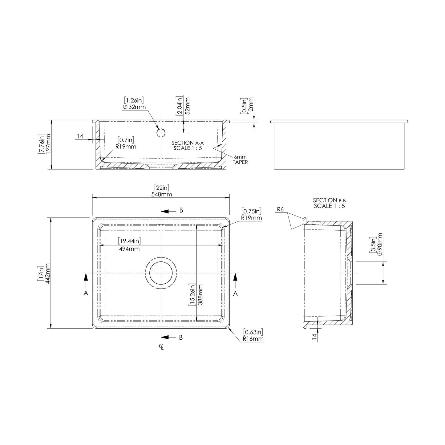 [BKS252] Single Bowl Fireclay Ceramic Square Undermount Kitchen Sink with Overflow - 548mm - Choice of Finish - Technical Drawing