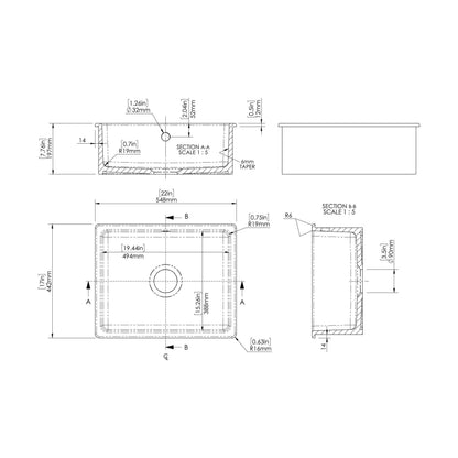 [BKS252] Single Bowl Fireclay Ceramic Square Undermount Kitchen Sink with Overflow - 548mm - Choice of Finish - Technical Drawing