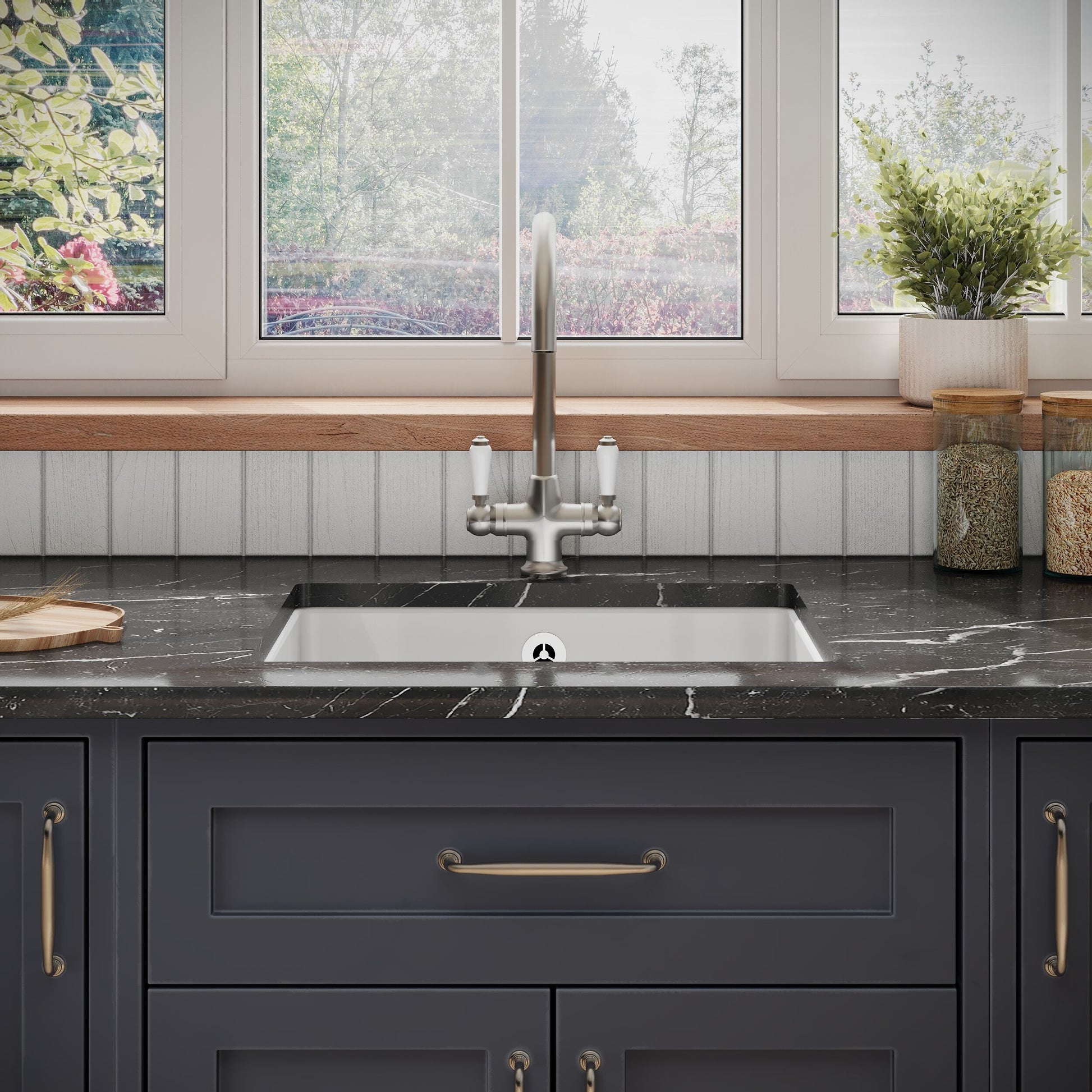 [BKS252] Single Bowl Fireclay Ceramic Square Undermount Kitchen Sink with Overflow - 548mm - Choice of Finish - Lifestyle 1