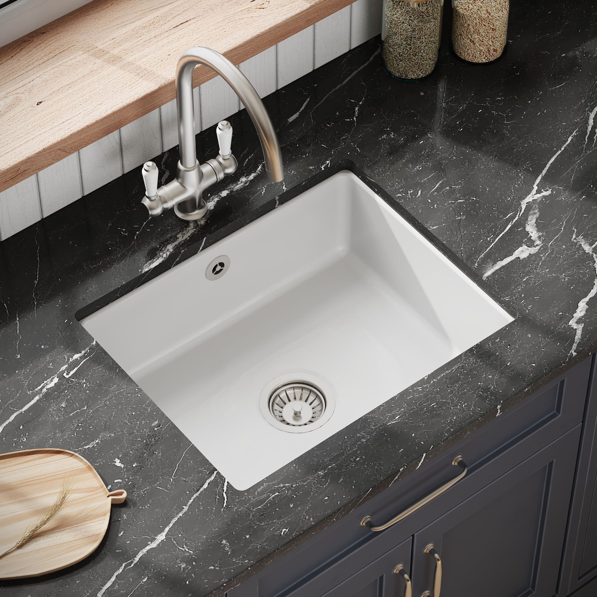 [BKS252] Single Bowl Fireclay Ceramic Square Undermount Kitchen Sink with Overflow - 548mm - Choice of Finish - Lifestyle 2